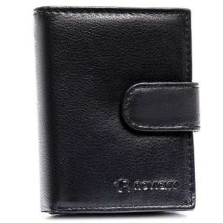 Pionowy portfel męski ze skóry naturalnej w czarnym kolorze zamykany zatrzaskiem - Rovicky