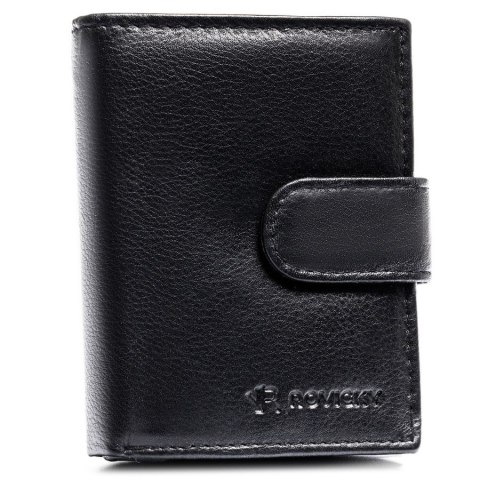 Pionowy portfel męski ze skóry naturalnej w czarnym kolorze zamykany zatrzaskiem - Rovicky