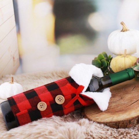 Pokrowiec na butelkę, wino Boże Narodzenie czerwono - czarna krata KSN12