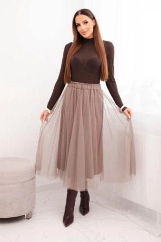 Spódnica Tiulowa Midi w Kolorze Fango z Wiskozową Podszewką – Made in Italy | Stylowy Wieszak