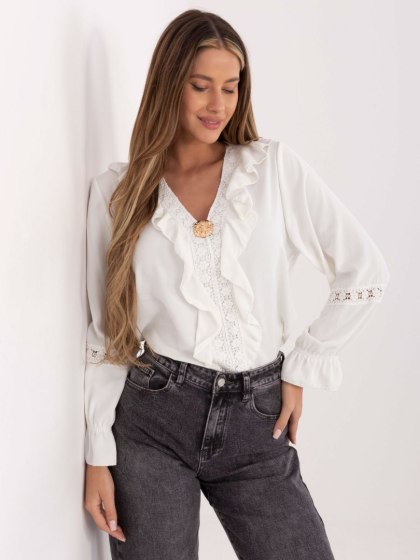Ecru elegancka bluzka damska z koronką i dekoltem V ITALY MODA