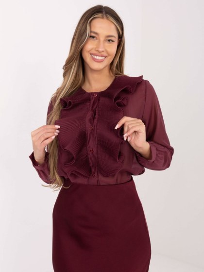 Burgundowa Elegancka Koszula Damska z Plisowanym Żabotem i Długim Rękawem | Stylowy Wieszak
