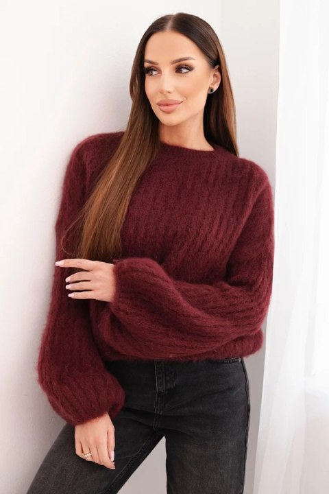 Bordowy sweter damski z moheru z bufiastymi rękawami