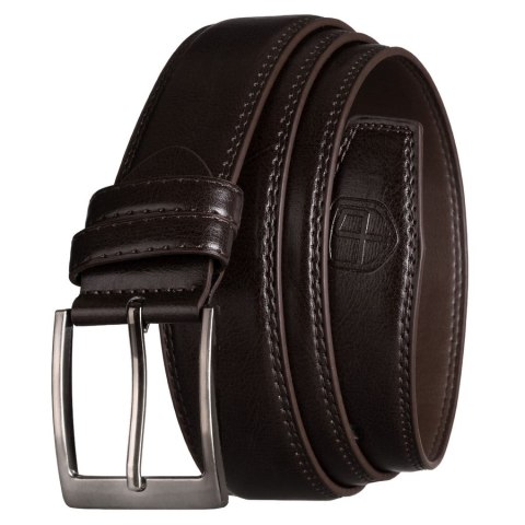 Brązowy, męski pasek ze skóry ekologicznej z tradycyjną klamrą - Peterson