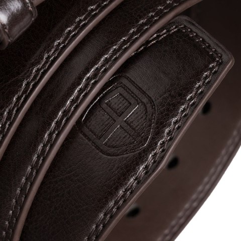 Brązowy, męski pasek ze skóry ekologicznej z tradycyjną klamrą - Peterson