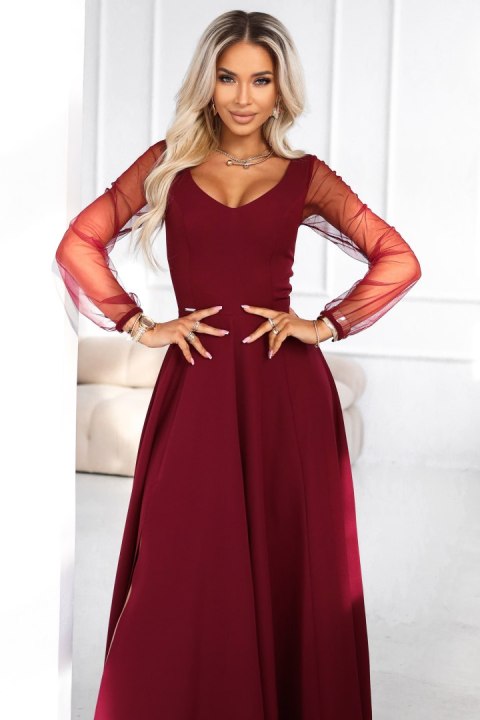 640-1 LORETTA wyjątkowa długa sukienka z tiulowymi rękawkami i dekoltem - bordowa - L