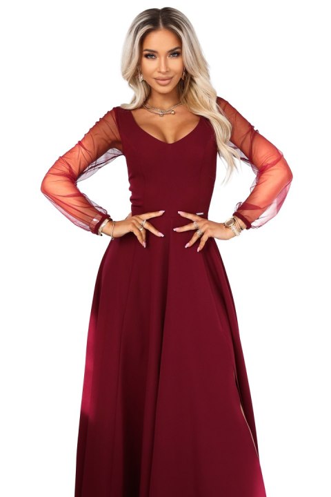 640-1 LORETTA wyjątkowa długa sukienka z tiulowymi rękawkami i dekoltem - bordowa - XXL
