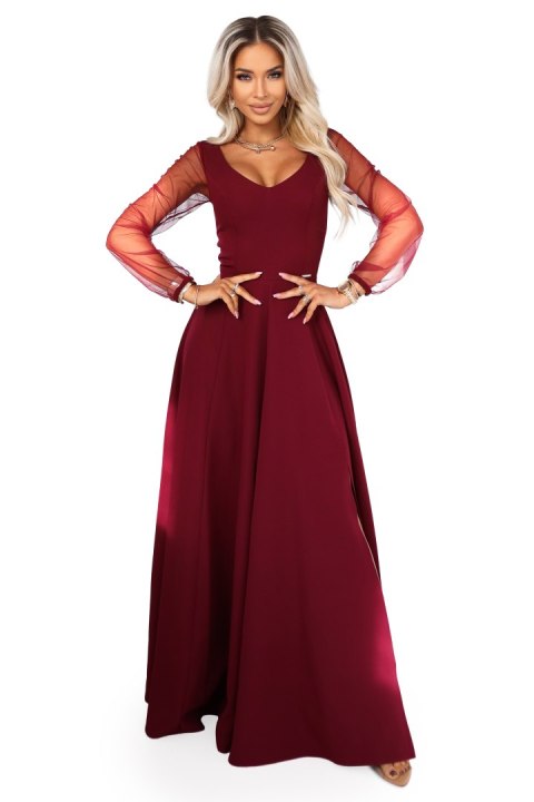 640-1 LORETTA wyjątkowa długa sukienka z tiulowymi rękawkami i dekoltem - bordowa - S