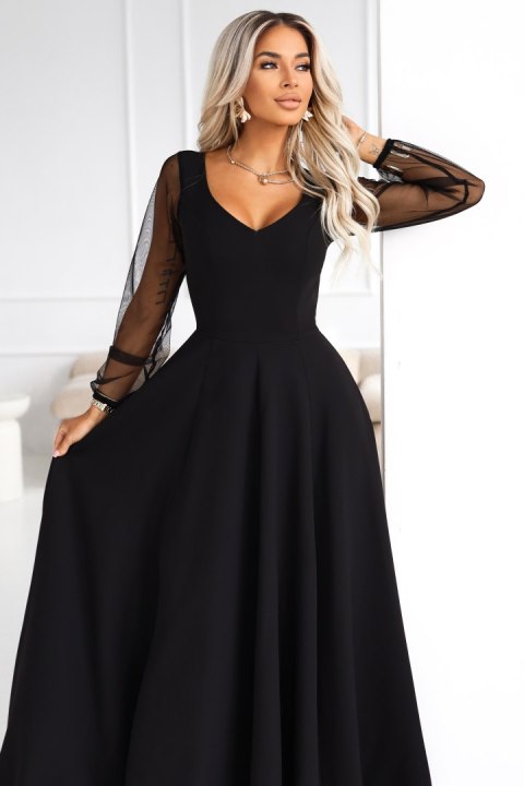 640-2 LORETTA wyjątkowa długa sukienka z tiulowymi rękawami i dekoltem - czarna - XL