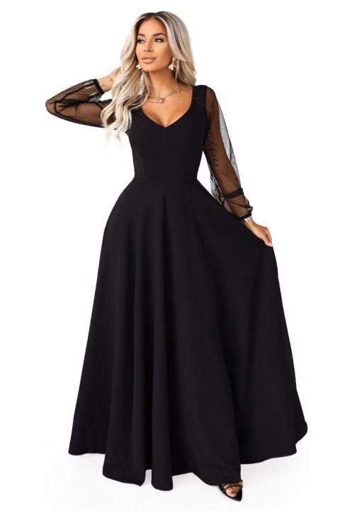 640-2 LORETTA wyjątkowa długa sukienka z tiulowymi rękawami i dekoltem - czarna - S