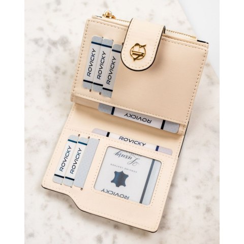 Beżowy portfel damski ze skóry ekologicznej zamykany na zatrzask i suwak - Rovicky