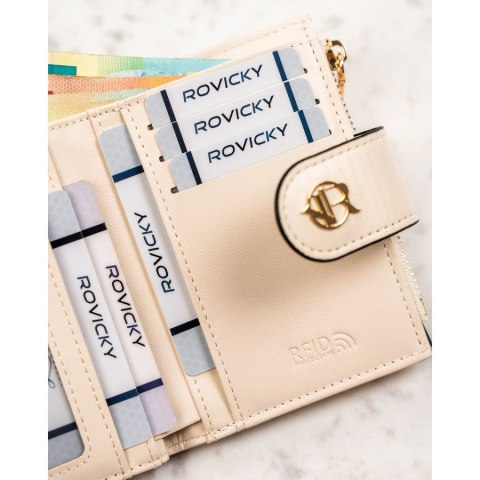Beżowy portfel damski ze skóry ekologicznej zamykany na zatrzask i suwak - Rovicky