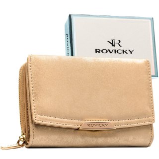 Beżowy, poziomy portfel damski ze skóry ekologicznej zamykany na zatrzask - Rovicky