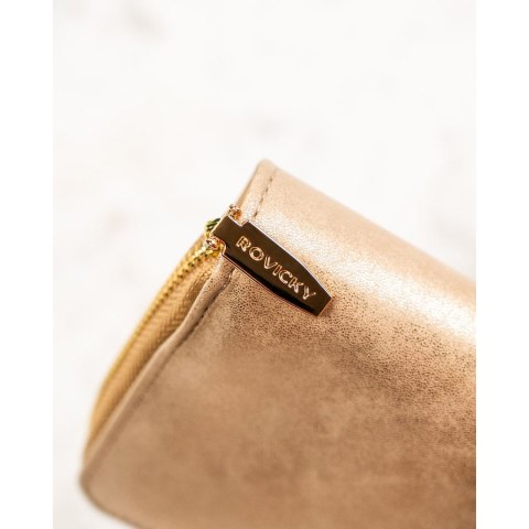 Beżowy, poziomy portfel damski ze skóry ekologicznej zamykany na zatrzask - Rovicky