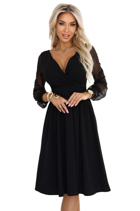 657-1 Elegancka sukienka midi z kopertowym dekoltem i tiulowymi rękawami - czarna - M