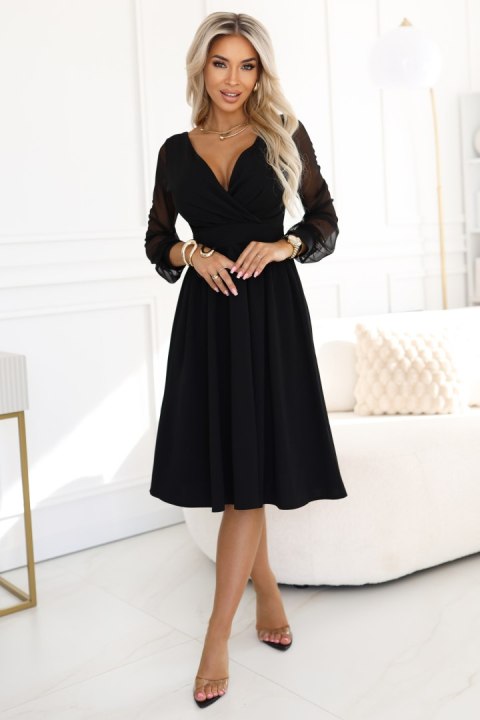 657-1 Elegancka sukienka midi z kopertowym dekoltem i tiulowymi rękawami - czarna - XS