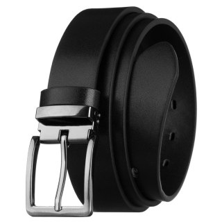 Pasek męski ze skóry ekologicznej w czarnym kolorze, zakończony srebrną, klasyczną klamrą