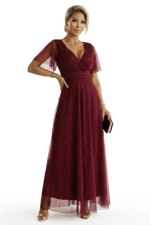 635-5 MELANIA długa błyszcząca suknia z dekoltem i krótkim rękawkiem - bordowa - UNI