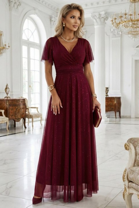 635-5 MELANIA długa błyszcząca suknia z dekoltem i krótkim rękawkiem - bordowa - UNI