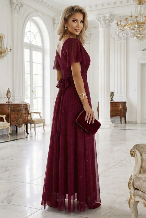 635-5 MELANIA długa błyszcząca suknia z dekoltem i krótkim rękawkiem - bordowa - UNI