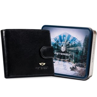 Czarny, duży portfel męski wykonany ze skóry naturalnej i zamykany na zatrzask - Peterson