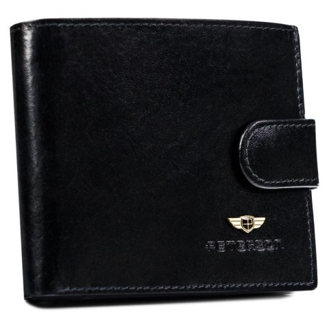 Czarny, duży portfel męski wykonany ze skóry naturalnej i zamykany na zatrzask - Peterson