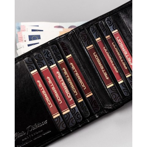 Czarny, duży portfel męski wykonany ze skóry naturalnej i zamykany na zatrzask - Peterson