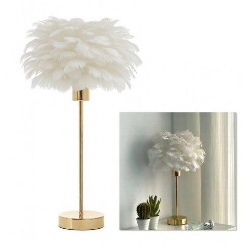 Elegancka lampa nocna stołowa z kloszem z białych piór i złotą podstawą