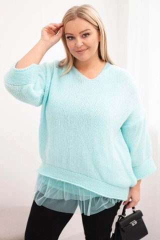 Miętowy komplet damski: sweter z dekoltem V i bluzka wiskozowa z koronkowym dołem – włoska produkcja