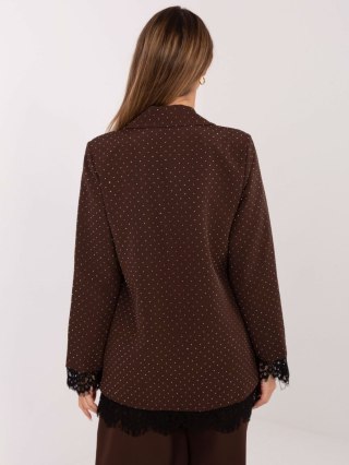 Brązowa Elegancka Marynarka Damska ITALY MODA z Koronkowym Wykończeniem i Dżetami – Fason Standardowy | Stylowy Wieszak
