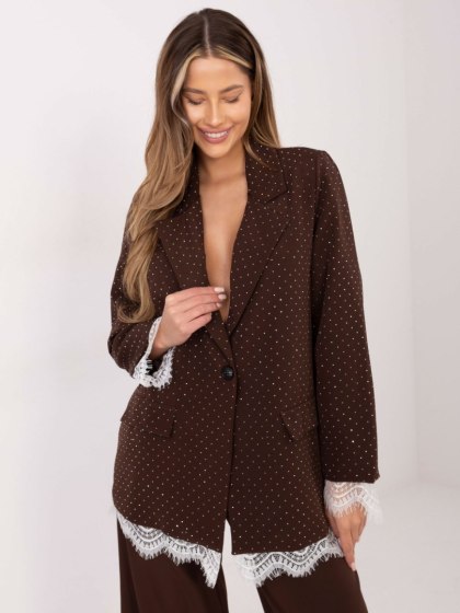 Brązowa Elegancka Marynarka Damska ITALY MODA z Koronką i Dżetami – Wizytowa, Fason Standardowy | Stylowy Wieszak