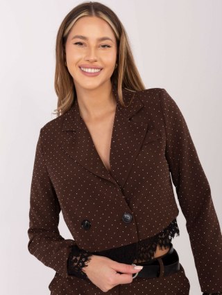 Brązowa krótka marynarka damska z koronką i dżetami ITALY MODA