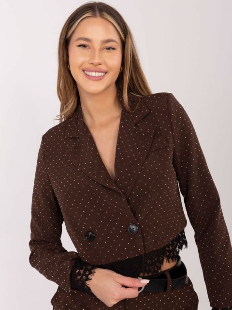 Brązowa marynarka damska krótka z koronką i dżetami ITALY MODA