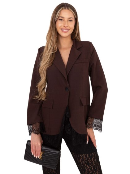 Brązowa marynarka damska elegancka z koronkowym wykończeniem ITALY MODA One Size