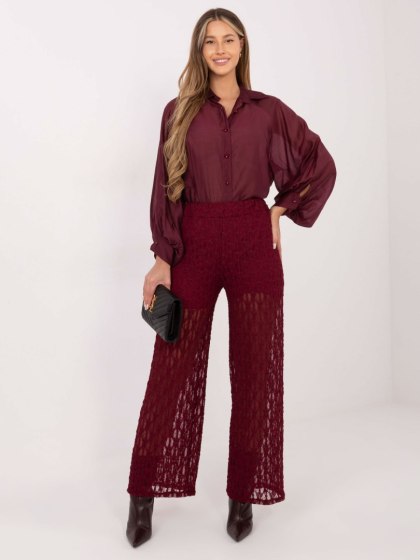 Burgundowe Eleganckie Spodnie Damskie z Koronki Wide Leg ITALY MODA z Wysokim Stanem | Stylowy Wieszak