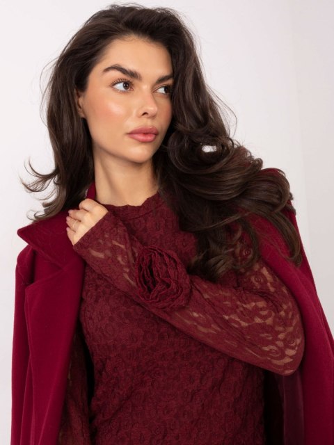 Burgundowa sukienka koronkowa ołówkowa z długim rękawem