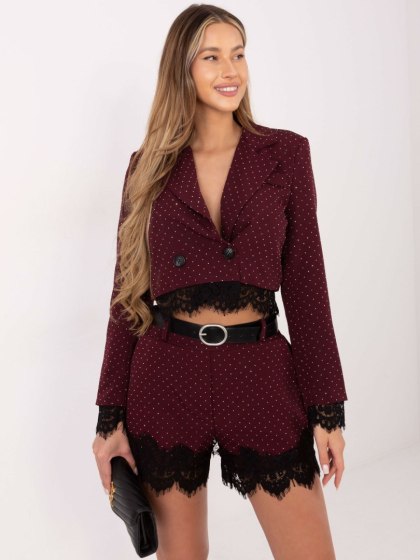 Burgundowo-srebrne eleganckie szorty damskie garniturowe z koronką – Italy Moda