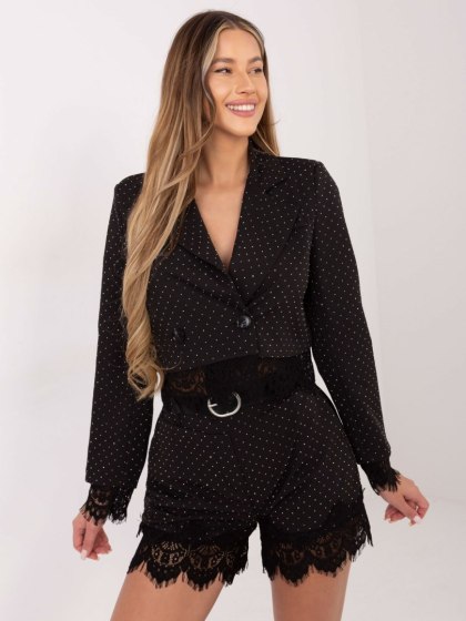 Czarno-srebrne eleganckie szorty damskie wizytowe z paskiem – Italy Moda