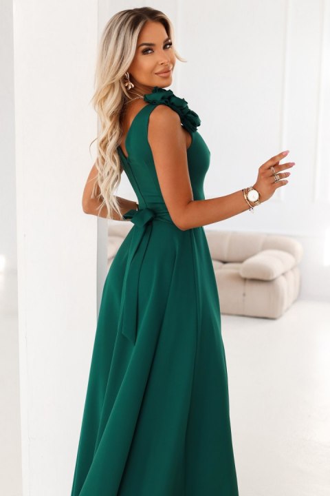 643-1 Elegancka wieczorowa suknia maxi z rozcięciem i różami - butelkowa zieleń - XXL