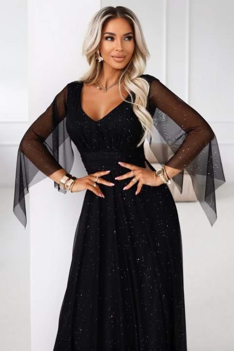 655-1 Długa połyskująca w świetle suknia z dekoltem i transparentnym rękawkiem - czarna - UNI