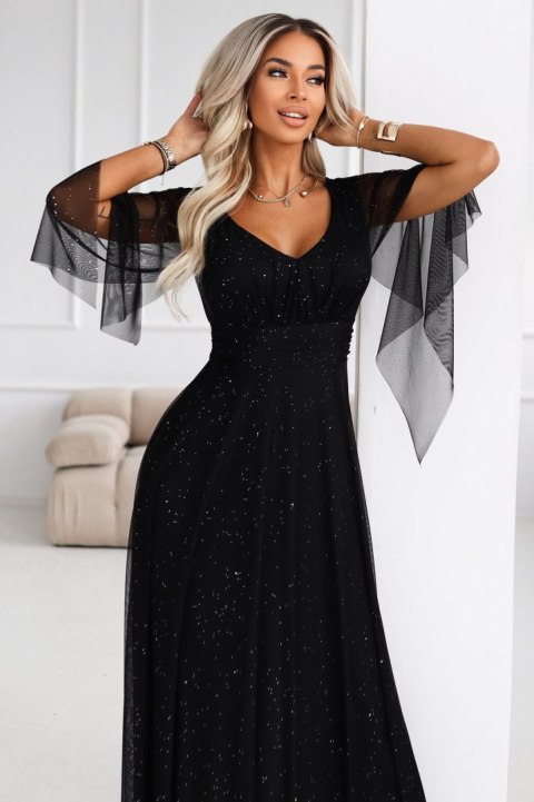 655-1 Długa połyskująca w świetle suknia z dekoltem i transparentnym rękawkiem - czarna - UNI