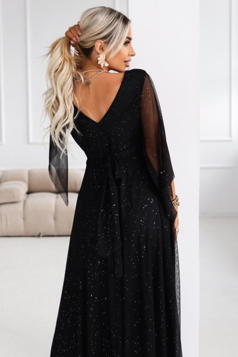 655-1 Długa połyskująca w świetle suknia z dekoltem i transparentnym rękawkiem - czarna - UNI