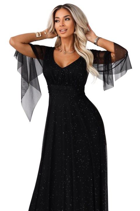 655-1 Długa połyskująca w świetle suknia z dekoltem i transparentnym rękawkiem - czarna - UNI