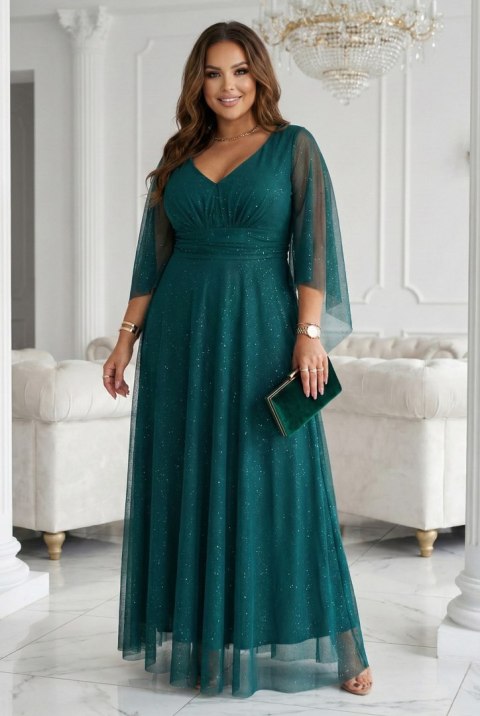 655-2 Długa połyskująca w świetle suknia z dekoltem i transparentnym rękawkiem - szmaragdowa zieleń - UNI