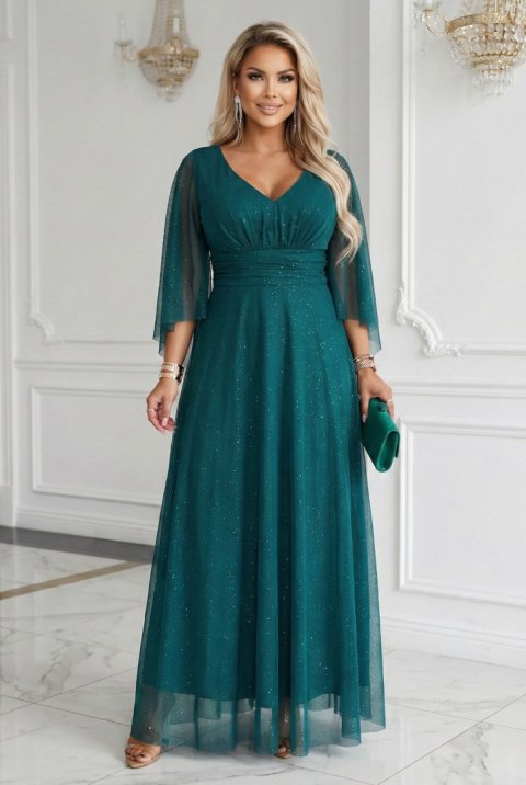 655-2 Długa połyskująca w świetle suknia z dekoltem i transparentnym rękawkiem - szmaragdowa zieleń - UNI