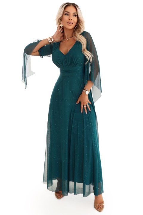655-2 Długa połyskująca w świetle suknia z dekoltem i transparentnym rękawkiem - szmaragdowa zieleń - UNI