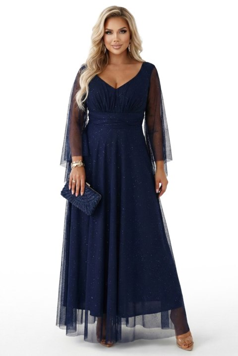 655-3 Długa połyskująca w świetle suknia z dekoltem i transparentnym rękawkiem - granatowa - UNI