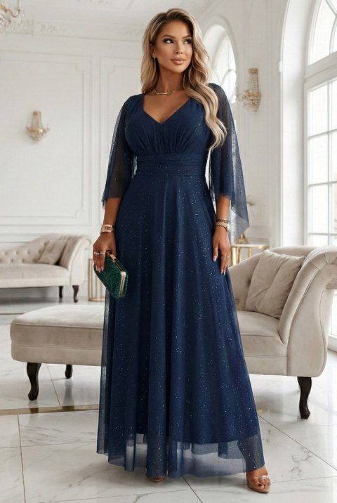 655-3 Długa połyskująca w świetle suknia z dekoltem i transparentnym rękawkiem - granatowa - UNI