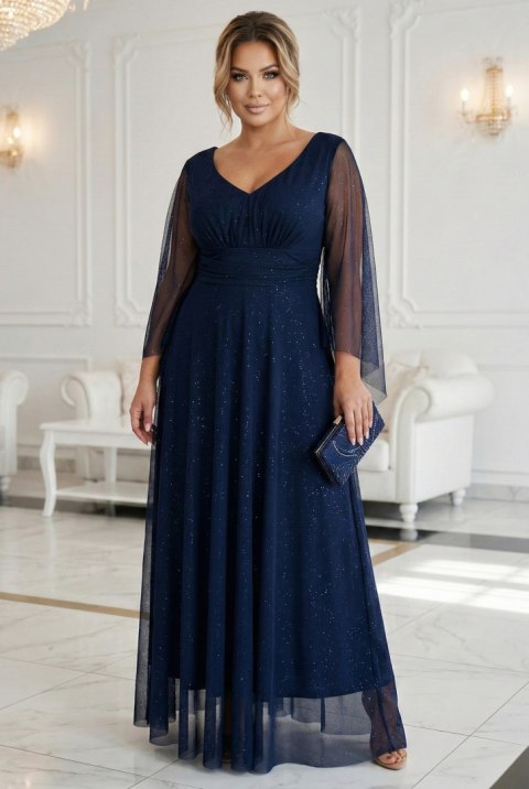 655-3 Długa połyskująca w świetle suknia z dekoltem i transparentnym rękawkiem - granatowa - UNI