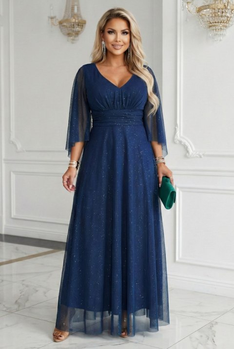 655-3 Długa połyskująca w świetle suknia z dekoltem i transparentnym rękawkiem - granatowa - UNI